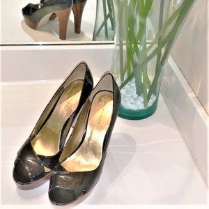 MARC FISHER Patent Peep Toe Stacked Heels
